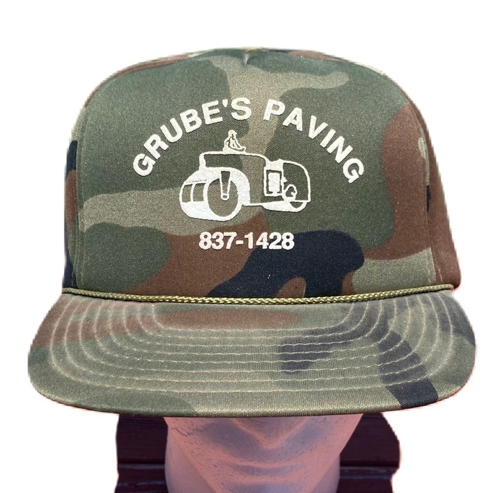 Vintage Grube’s Paving Camouflage Snap Back Trucker Hat Rope Lapel 90s Green